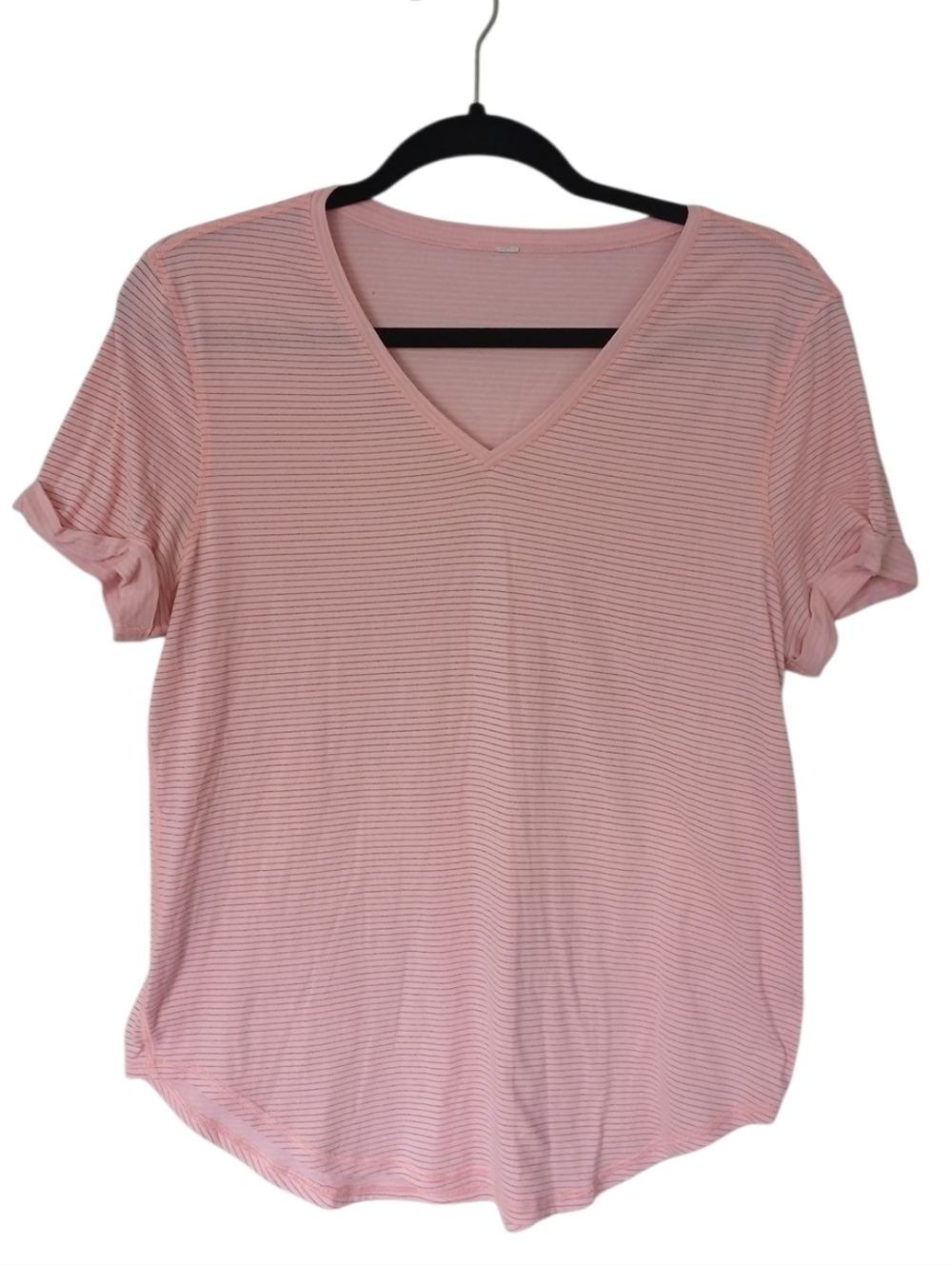 lululemon BFT Boyfriend Tee Light Pink Striped V-Neck Short Sleeve Size 8